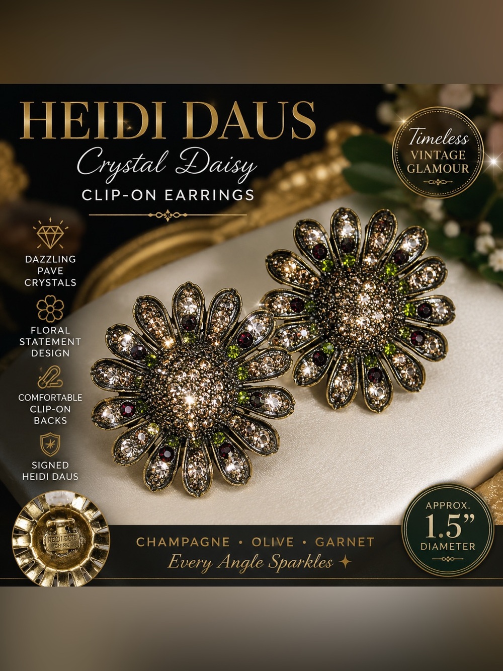 Heidi Daus Crystal Daisy Clip-On Earrings — Champagne, Olive & Garnet Tones